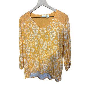 Chicos Womens Size XL Orange & White Beaded Embroidered Lace V-Neck 3/4 Sleeve T
